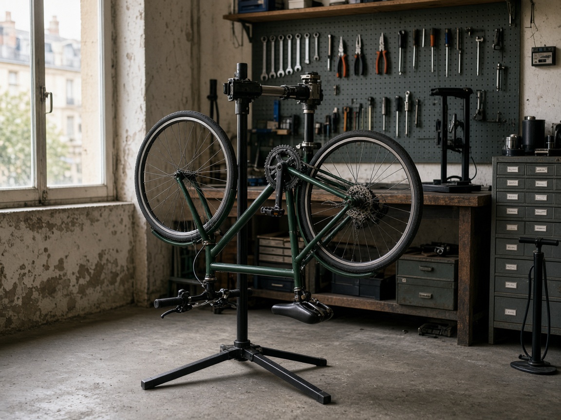 Vélo sur pied d'atelier, outils posés à côté