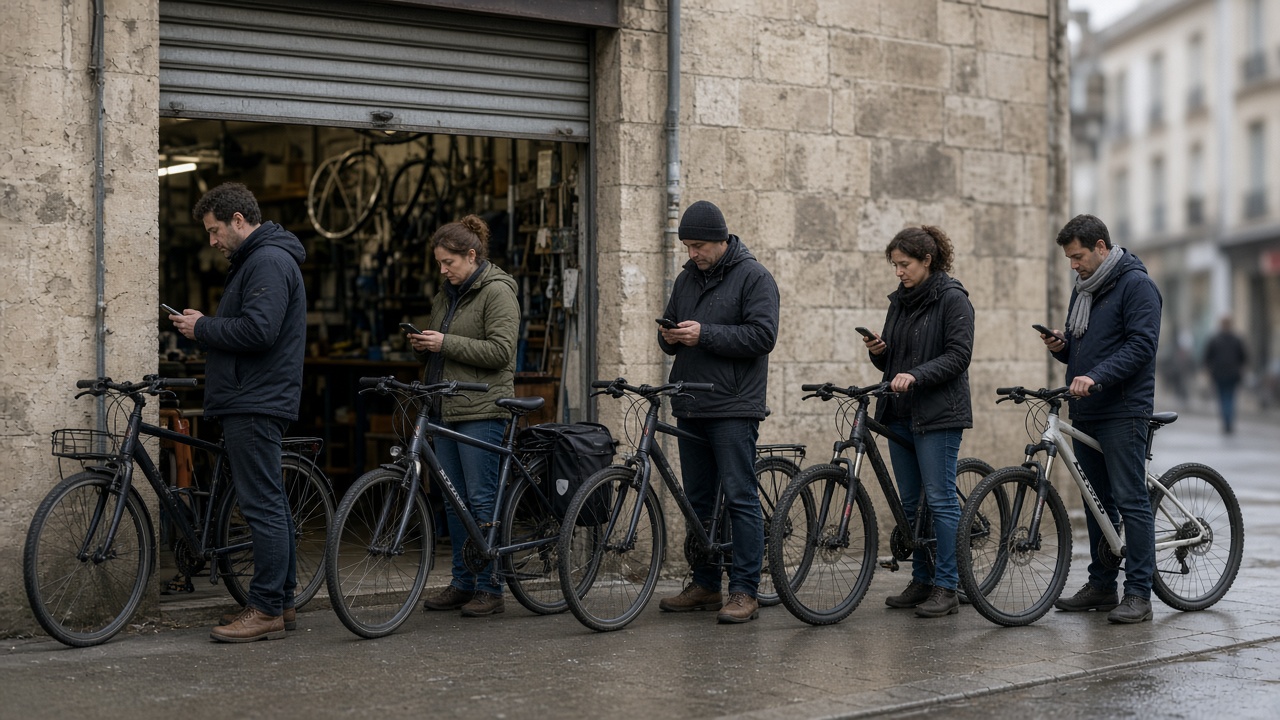 Cyclistes attendant avec leurs vélos sur le trottoir devant l'atelier